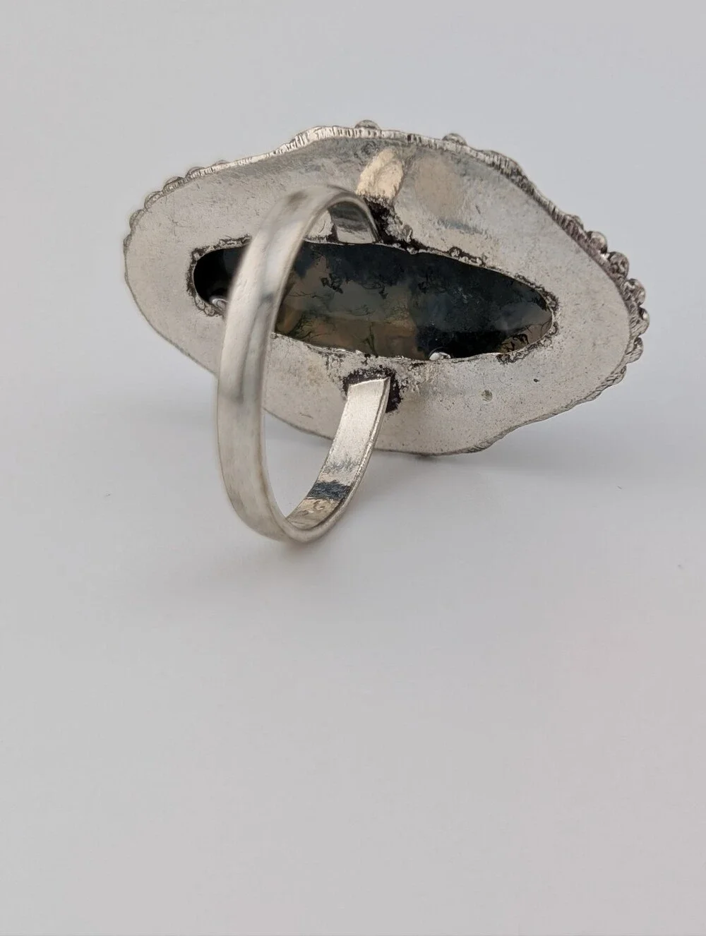 Moss Agate Oval Silver Statement Ring - Bohemian Jewelry - 8.5 - L